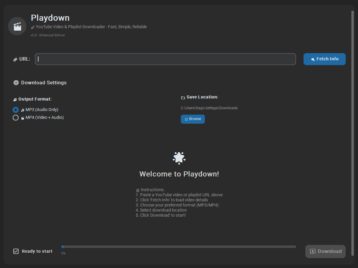 Interface do Playdown - Downloader de YouTube